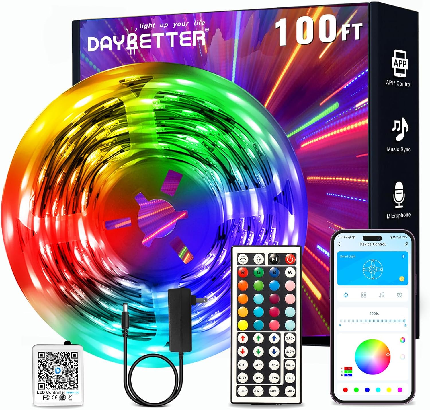 DAYBETTER 100ft Smart LED Strip Lights with App Control