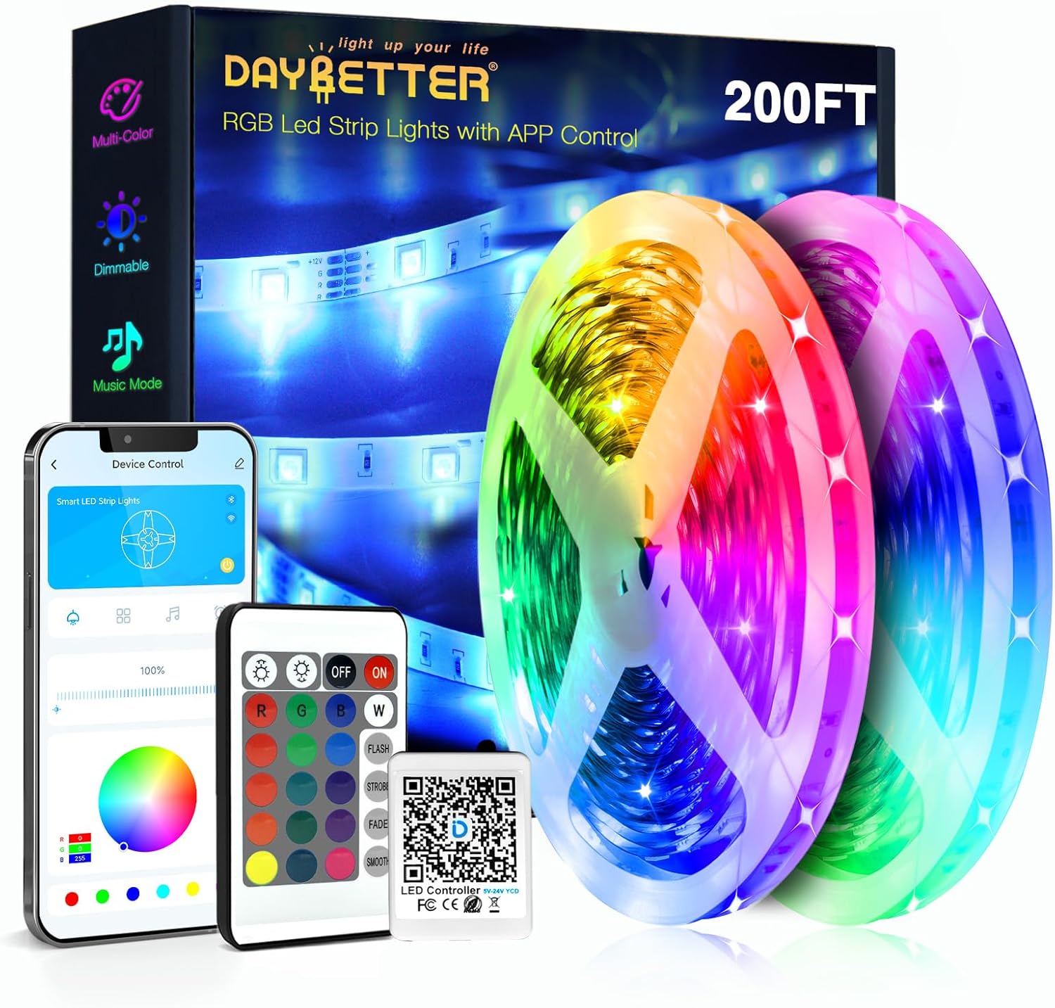 DAYBETTER 200ft Smart LED Strip Lights with App Control
