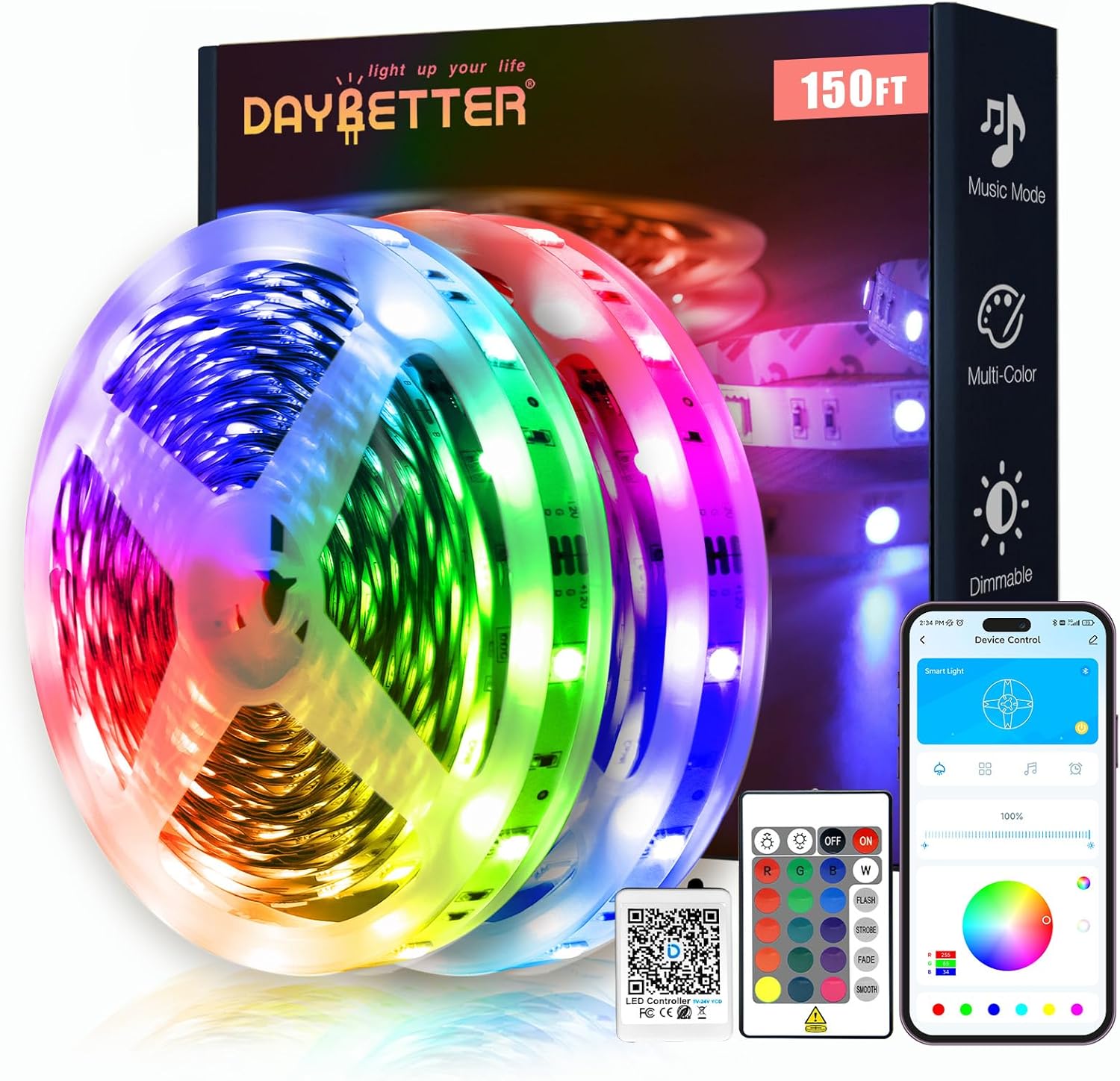 DAYBETTER Smart RGB LED Strip Lights 150ft App Control