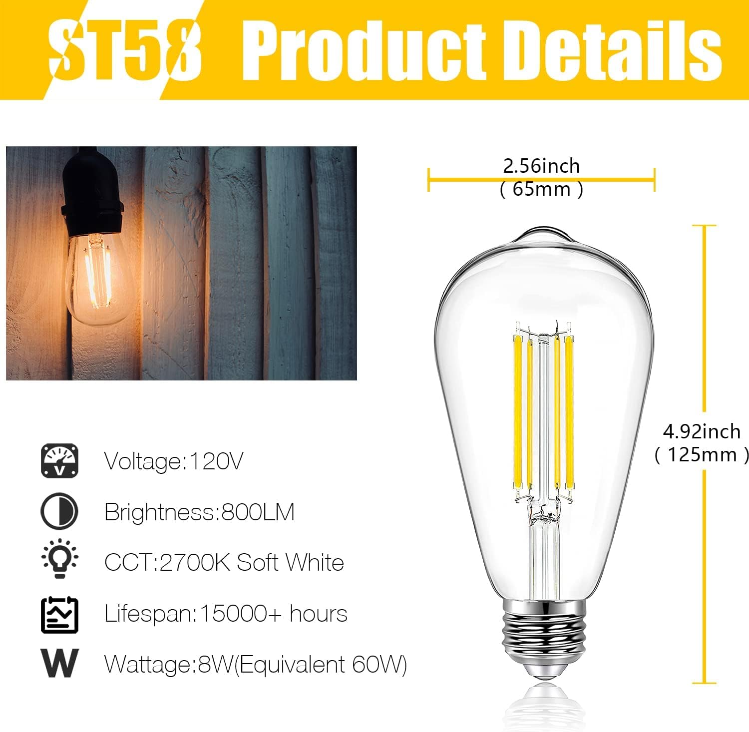 DAYBETTER Vintage LED Edison Bulbs E26 60W Dimmable 2700K