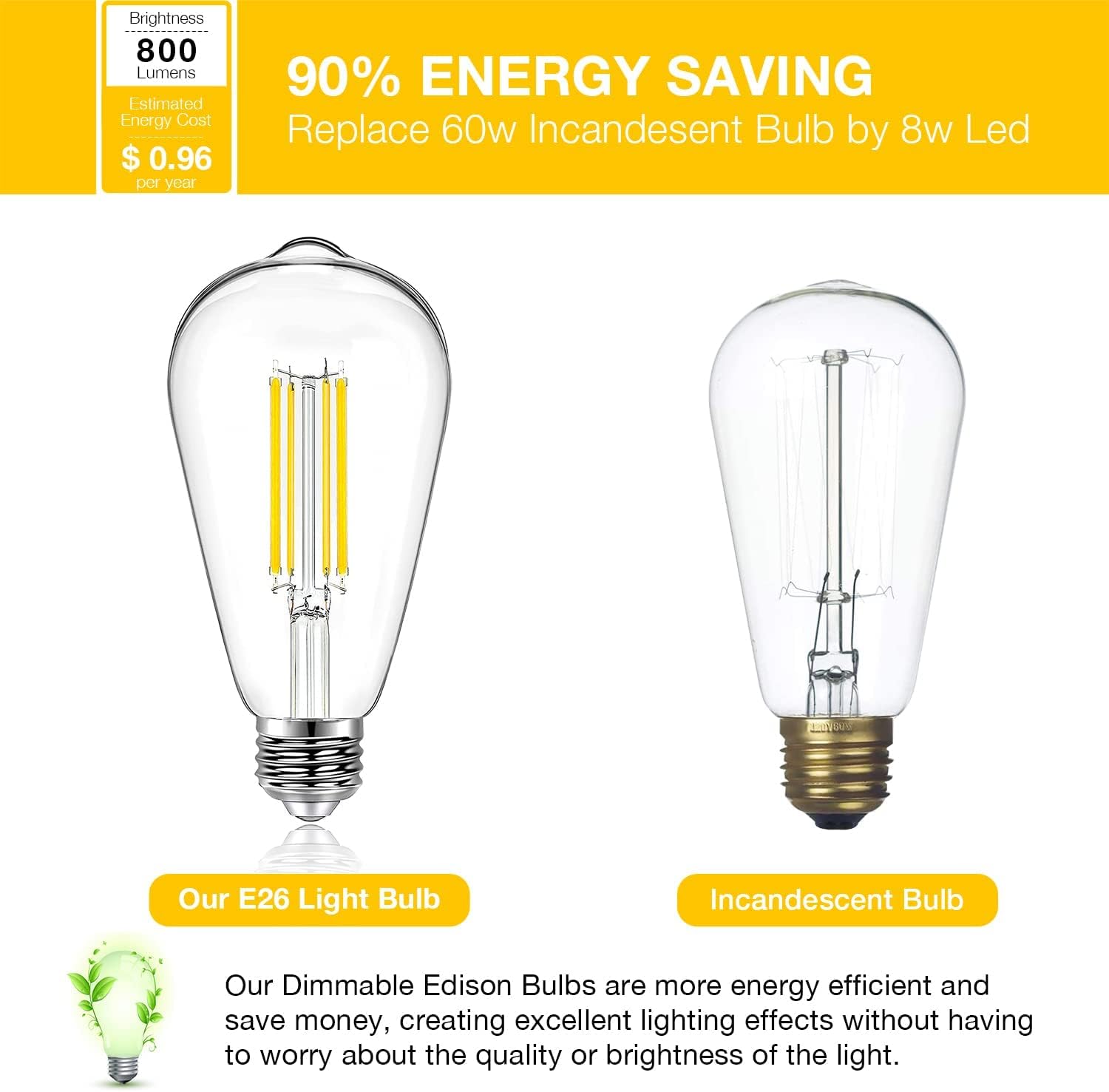 DAYBETTER Vintage LED Edison Bulbs E26 60W Dimmable 2700K